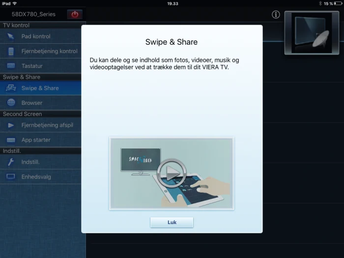 Panasonic TV Remote app swipe share