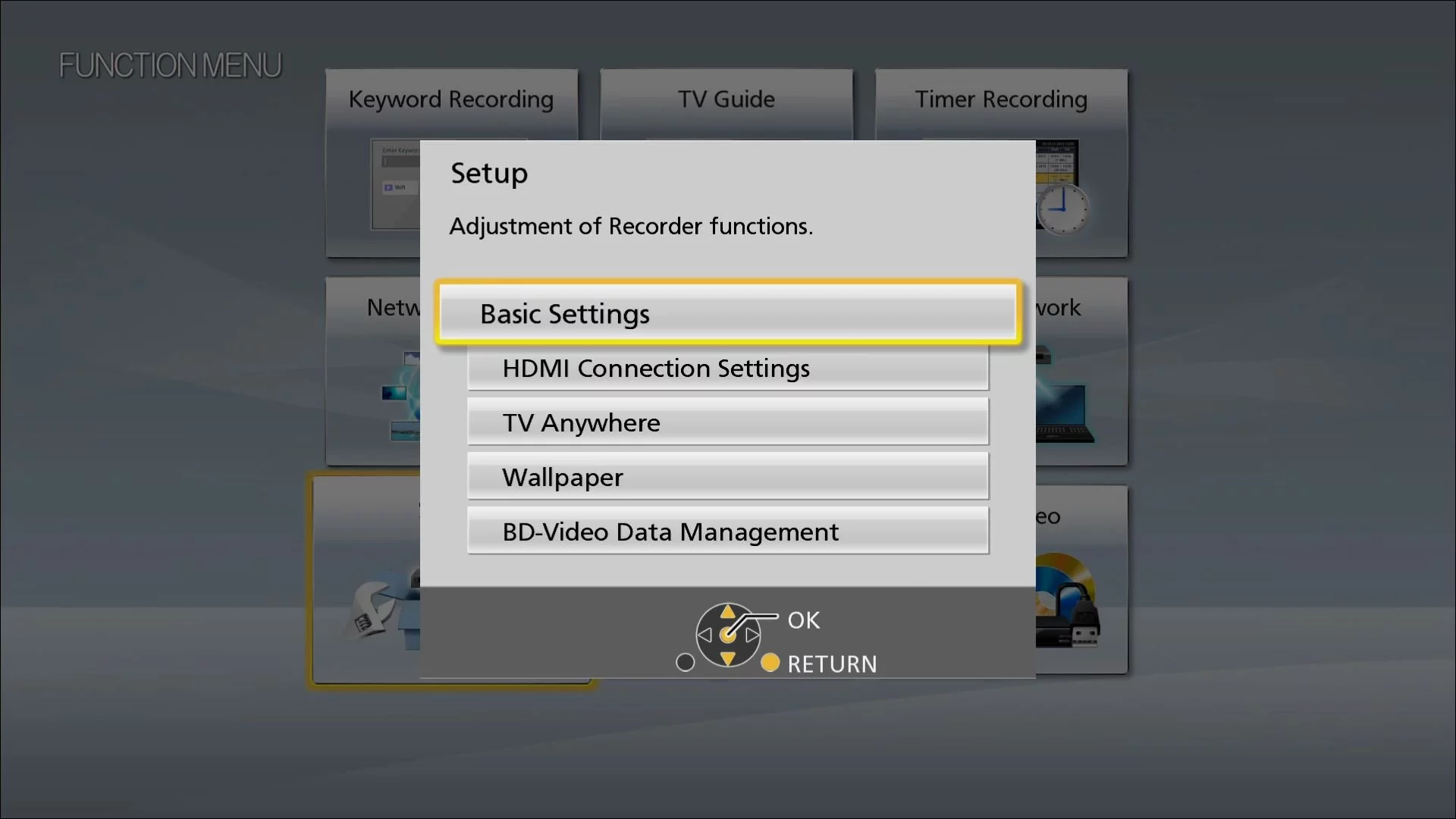 Panasonic DMR UBC86 Setup Basic settings menu