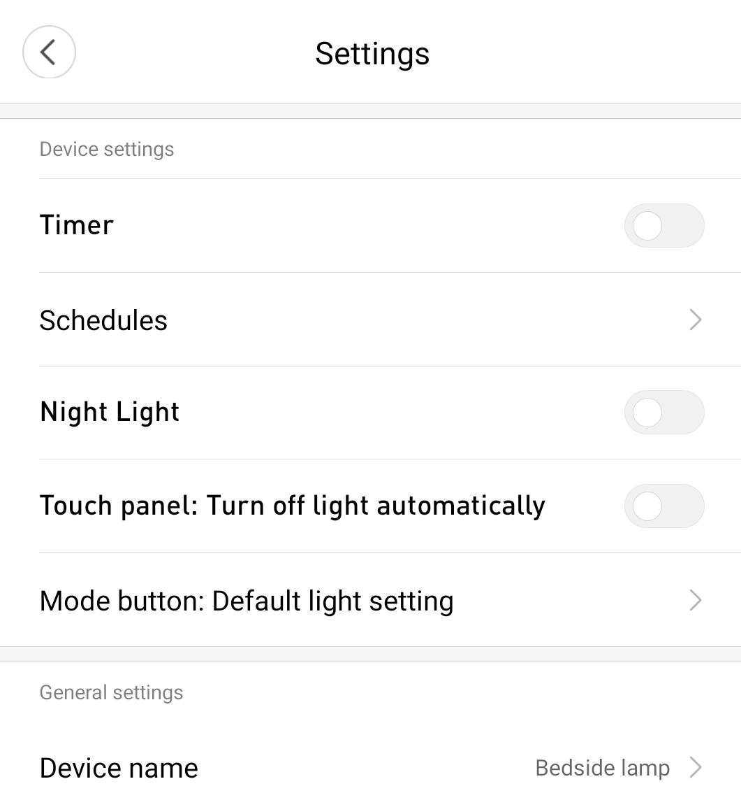 Bedside lamp settings app