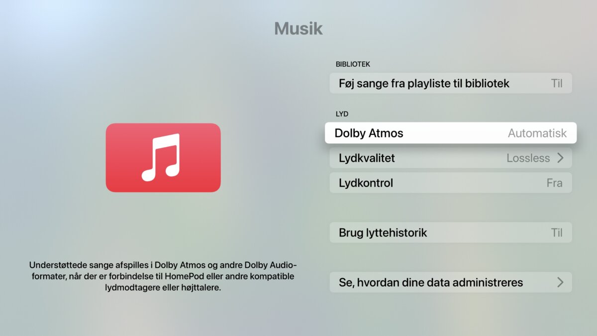 Apple TV4K Music app Atmos indstilling