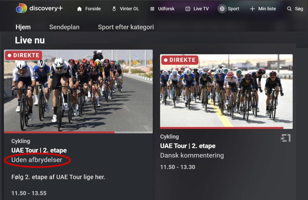 discovery+ sport uden afbrydelser