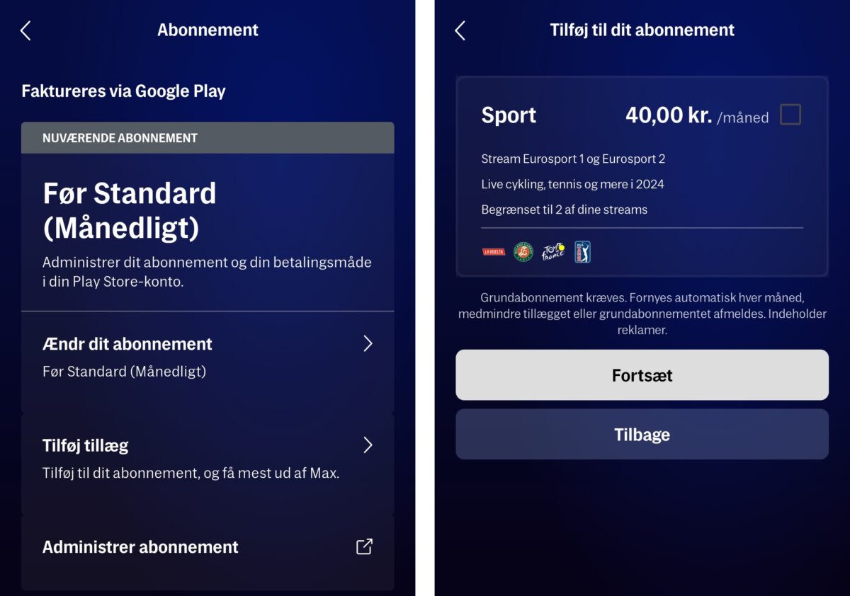 Tilføj Max Sport købt via Google Play